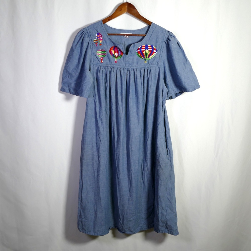 Go Softly Embroidered Chambray Midi Patio Dress Size M Balloons Mumu Cottagecore